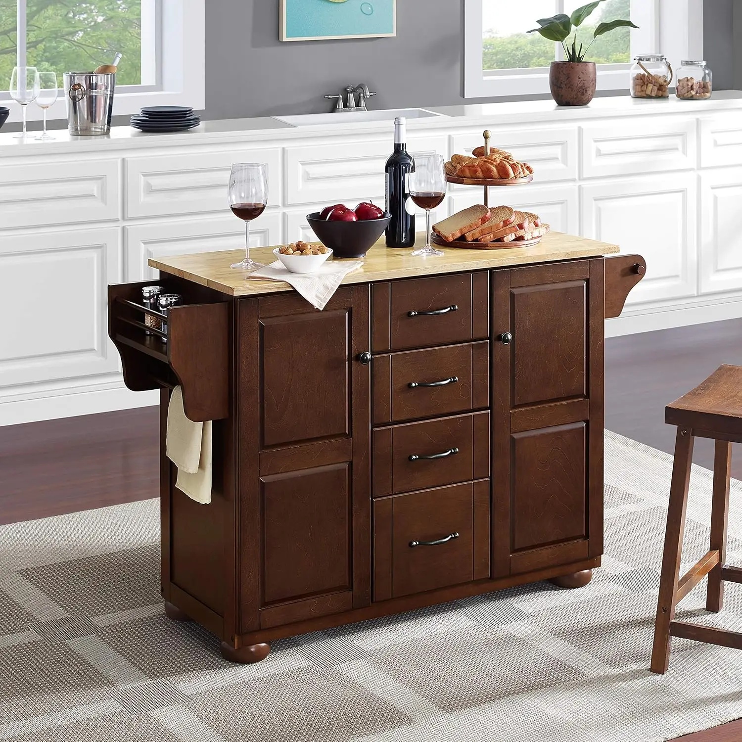 Crosley Furniture Eleanor Full Size Kitchen Cart with Natural Wood Top, Mahogany