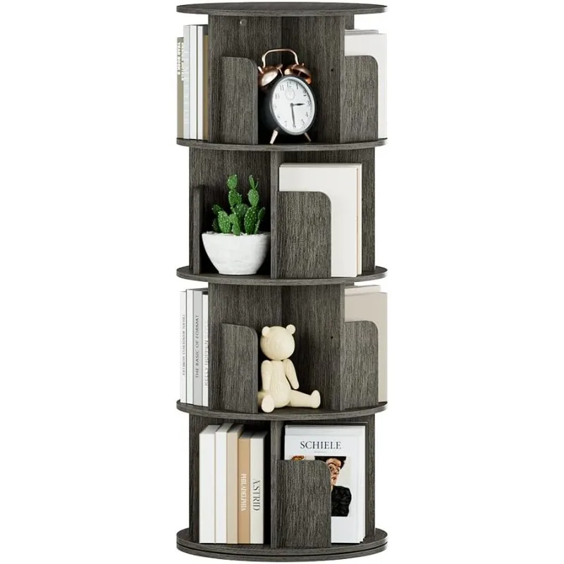 Rotating Bookshelf, 360° Display Standing Book Shelf Organizer, 4 Tier Wooden Corner Bookshelves for Small Space