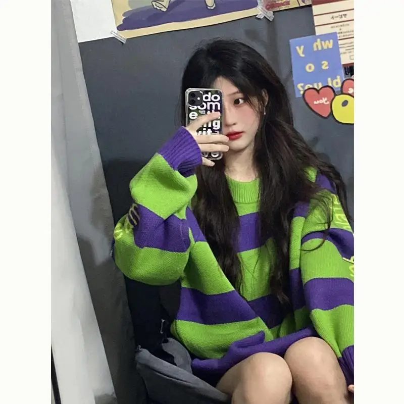 Fashion O-Neck Letter Embroidery Striped Sweaters Female Clothing 2023 Winter Oversized Knitted Casual Pullovers Korean Tops