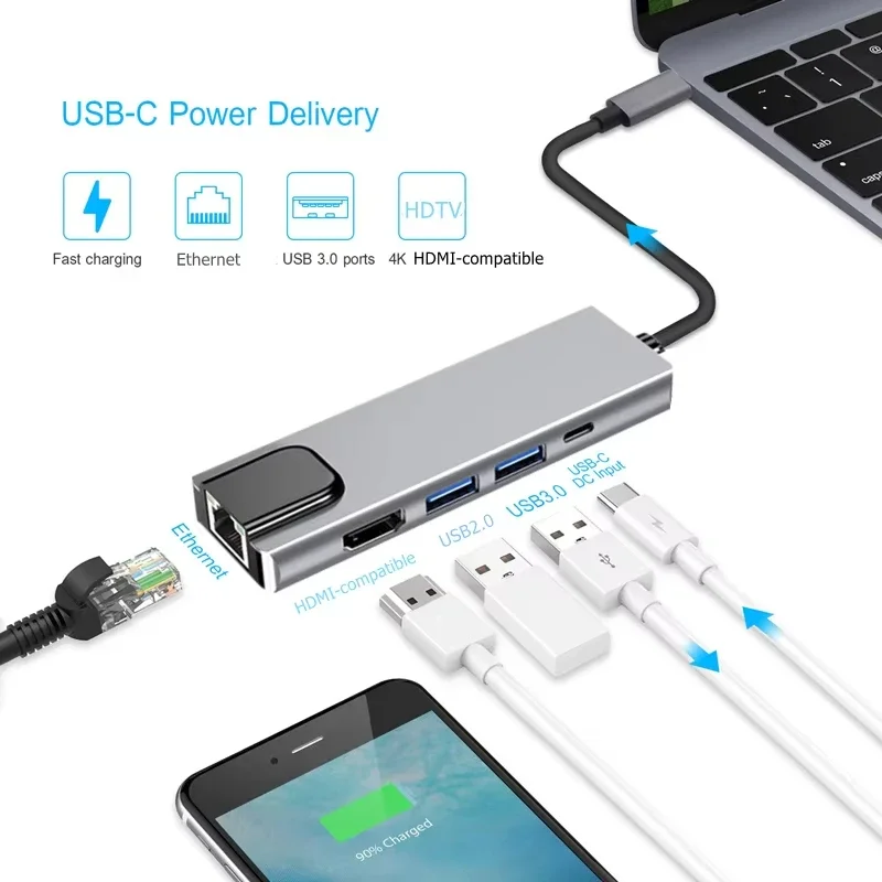 5 منافذ USB C محطة إرساء نوع C إلى RJ45 100M محول عالية السرعة USB 3.0 5Gbps الفاصل HDMI 4K USB C HUB لأجهزة الكمبيوتر المحمول ماك بوك