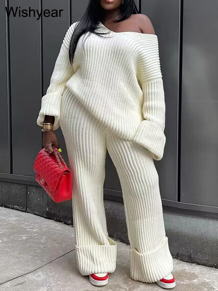 Sexy V Neck Off Shoulder Long Sleeve Sweatshirts Top Wide Leg Pants Knitted Two Piece Set Women Birthday Matching Loose Suits