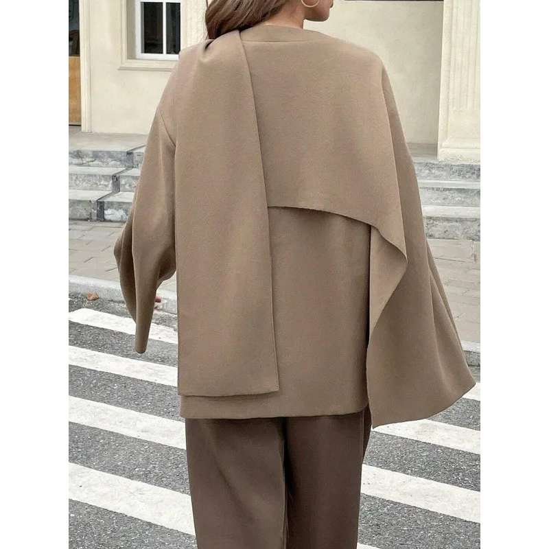 سترات نسائية بنية اللون معاطف خريف وشتاء غير منتظمة فضفاضة تناسب رقبة دائرية ملابس خارجية بأزرار حضرية غير رسمية ملابس نسائية 190985