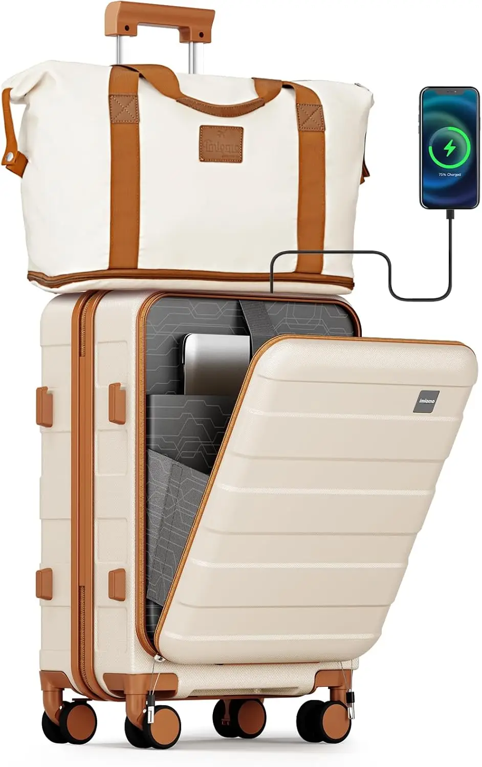 

20-дюймовый жесткий чемодан для ручной клади с передним карманом, USB-портом, колесами-спиннерами и замком TSA, одобренный авиакомпаниями, белого цвета