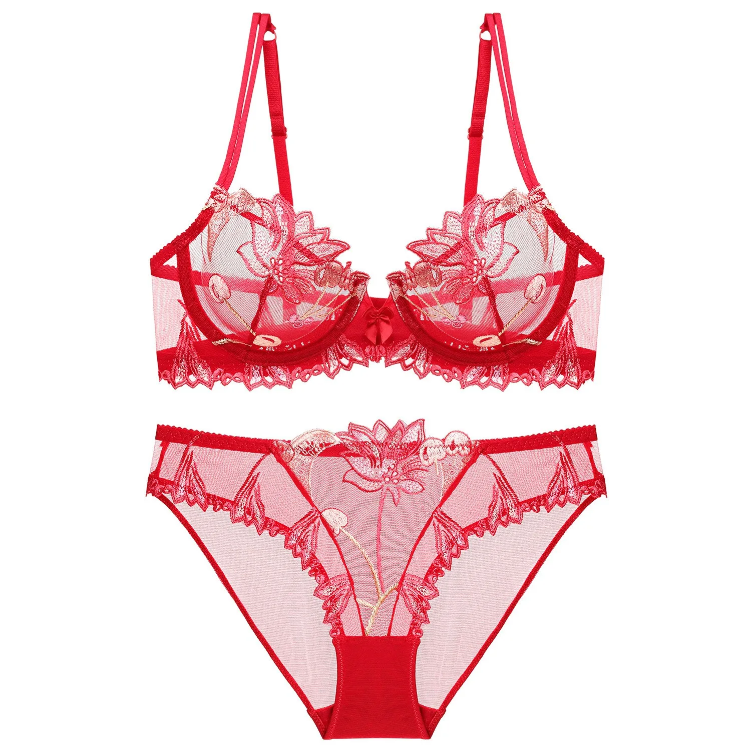 

Sexy lace underwear ultra-thin transparent cherry embroidered mesh bra large chest small large size bra set see through bra