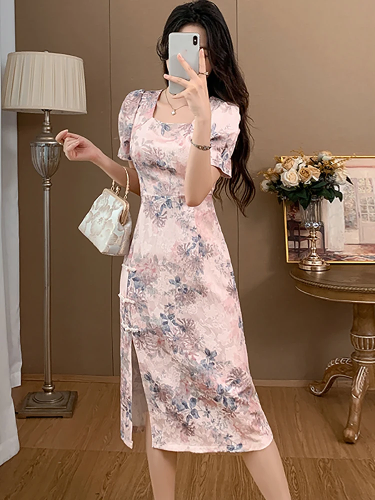 Summer Floral Short Sleeve Square Collar Midi Dress Women Korean Vintage Elegant Party Vestios 2024 Fashion Bodycon Chic Dresses