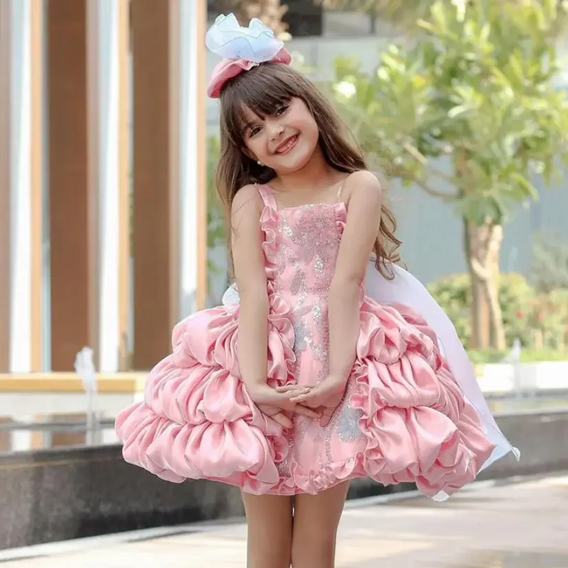 

Girl Lolita Princess Party Dress Summer Bow Children's Pink Puff Cake Dress Model Fashion Show Costume