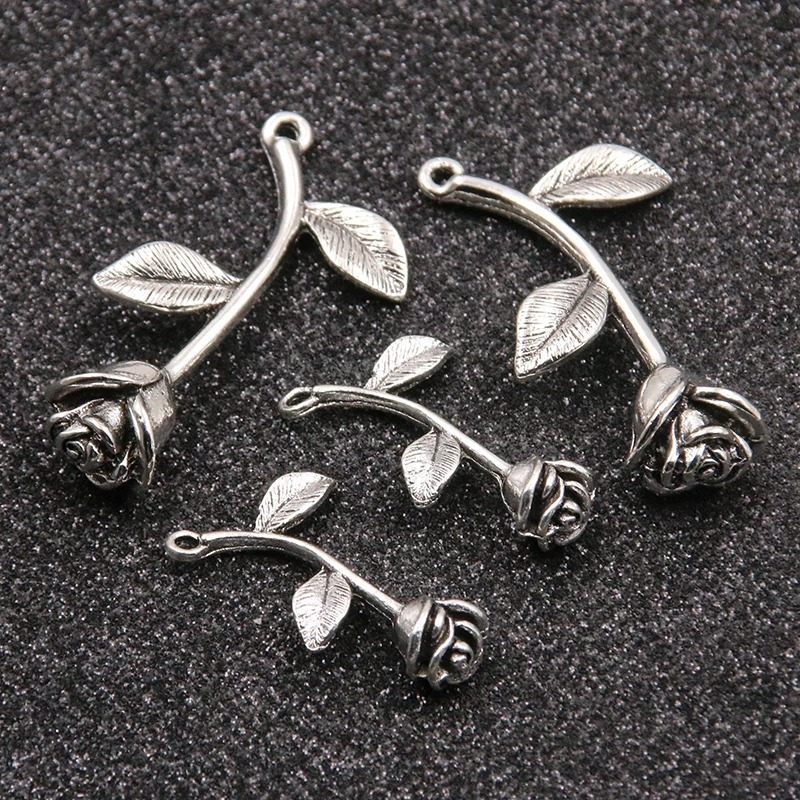 10PCS 2 Size Metal Alloy Valentine's Day Rose Charms Plant Pendant For Jewelry Making DIY Handmade Craft