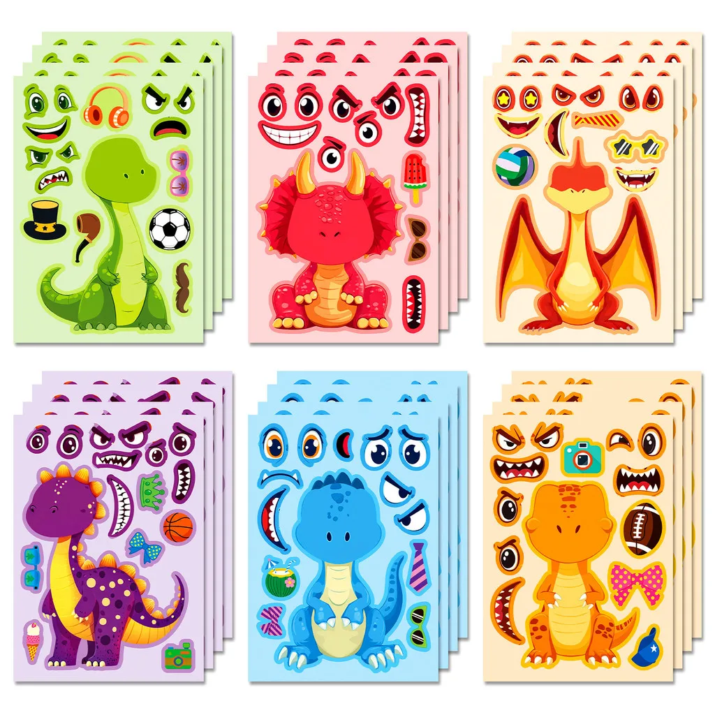 6Pcs Dinosaur Mix and Match Face Puzzle Stickers, Cute Cartoon Character Decals for DIY Decor Anime Worlds Store