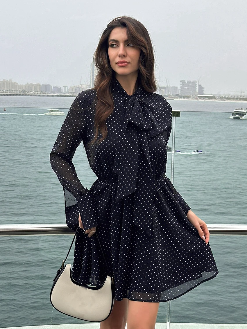 

Marthaqiqi Polka Dots Women'S Nightgowns O-Neck Lace Up Sleepwear Long Sleeve Pajamas Mini Dress Winter Fashion Ladies Nightwear