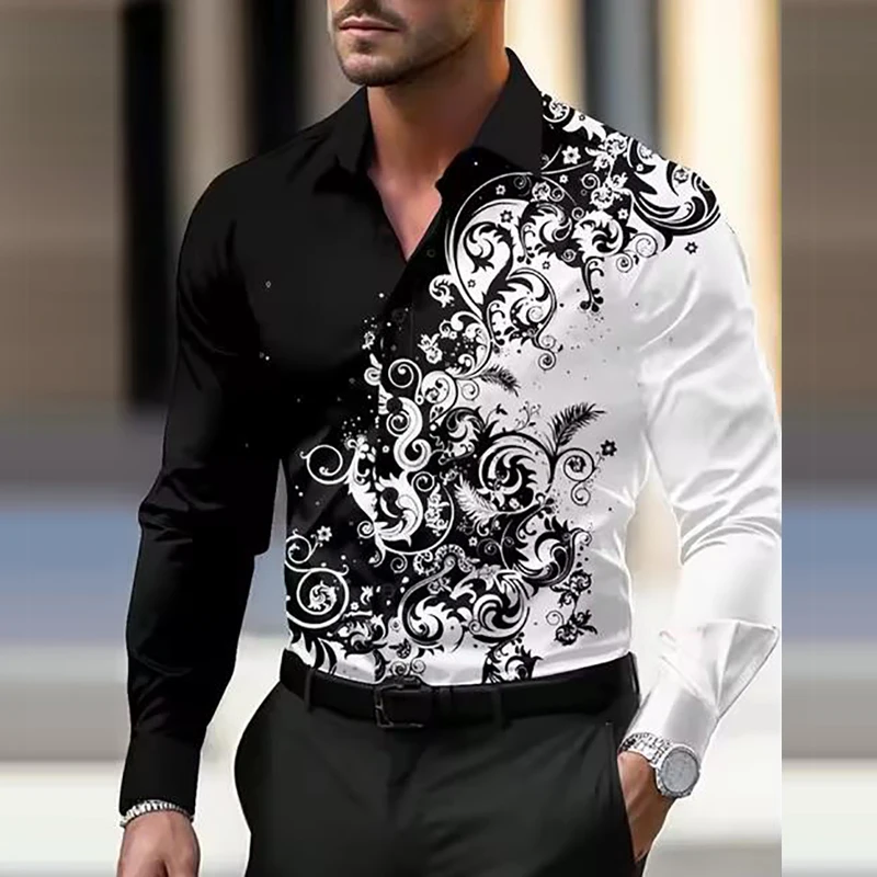 

2024 Autumn New Cross border Foreign Trade Men's Digital Printing Fashion and Leisure Collar Men's Long sleeved Shirt