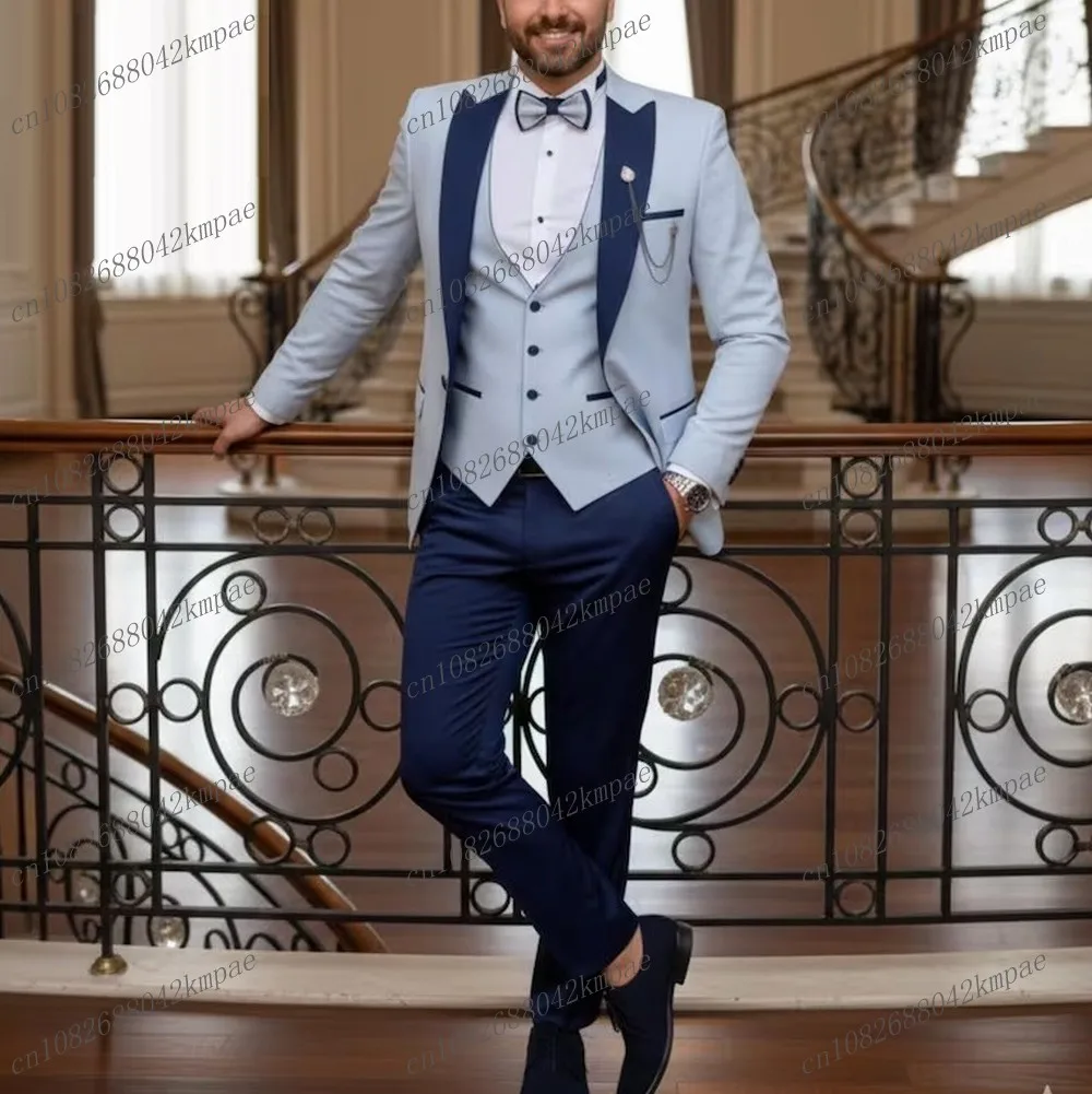 

New Light Blue And Dark Blue Formal Men Suit Groom Wedding Party Prom Business Male Tuxedos 3 Piece Set Blazer Vest Pants