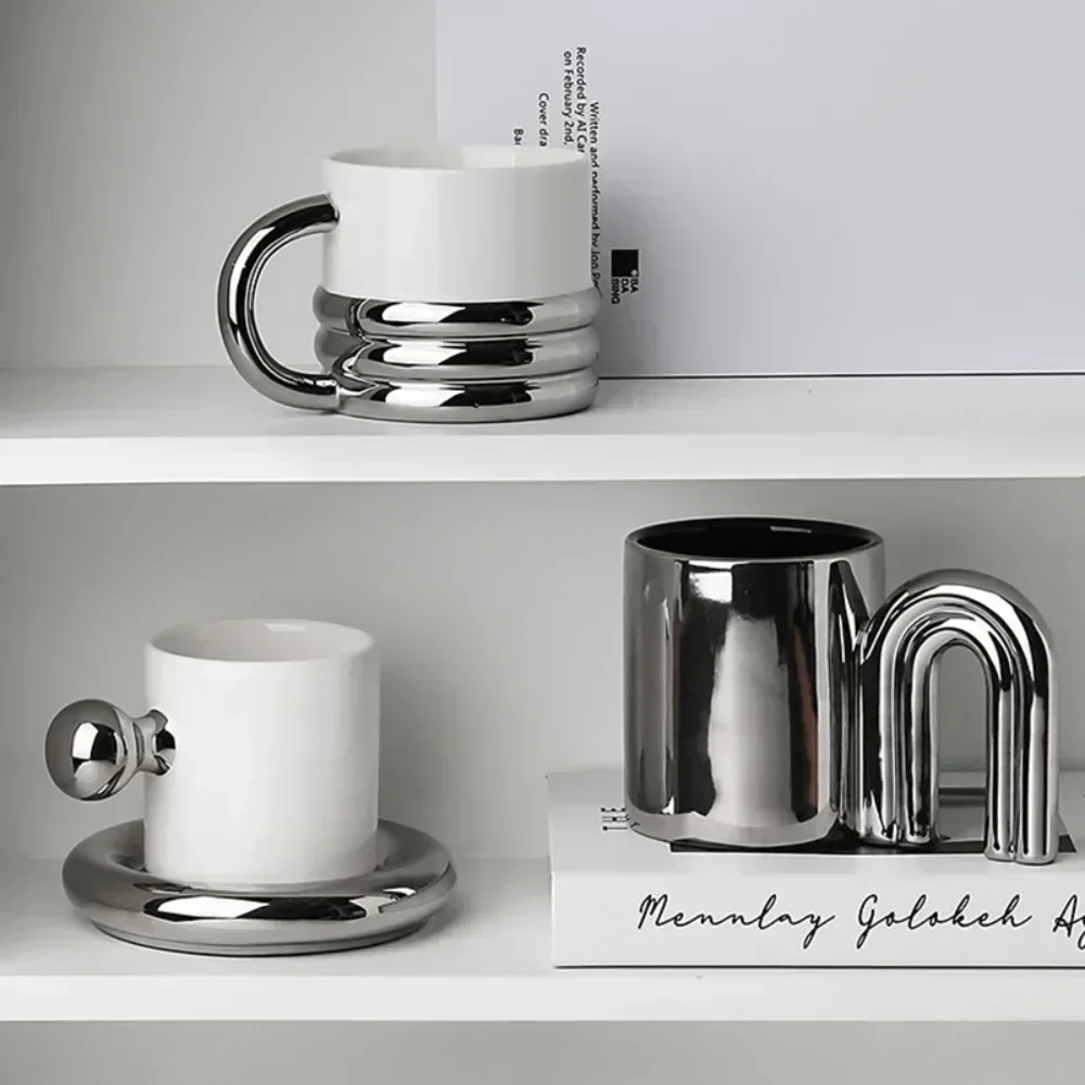 Livetai Stylish Silver Ceramic Coffee Mug Set, Elegant & Durable Drinkware Ceramic Cups Gift for Women, Home & Office Use