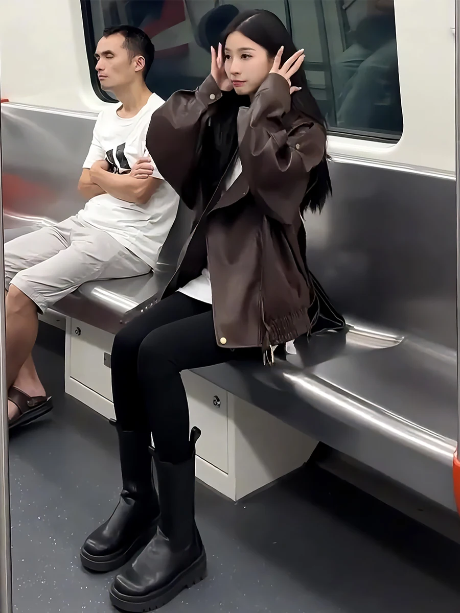 American Retro Leather Jaet Long Sve Stand Collar Women's Coat Irregular Design Spring New Sle High-End Feelings