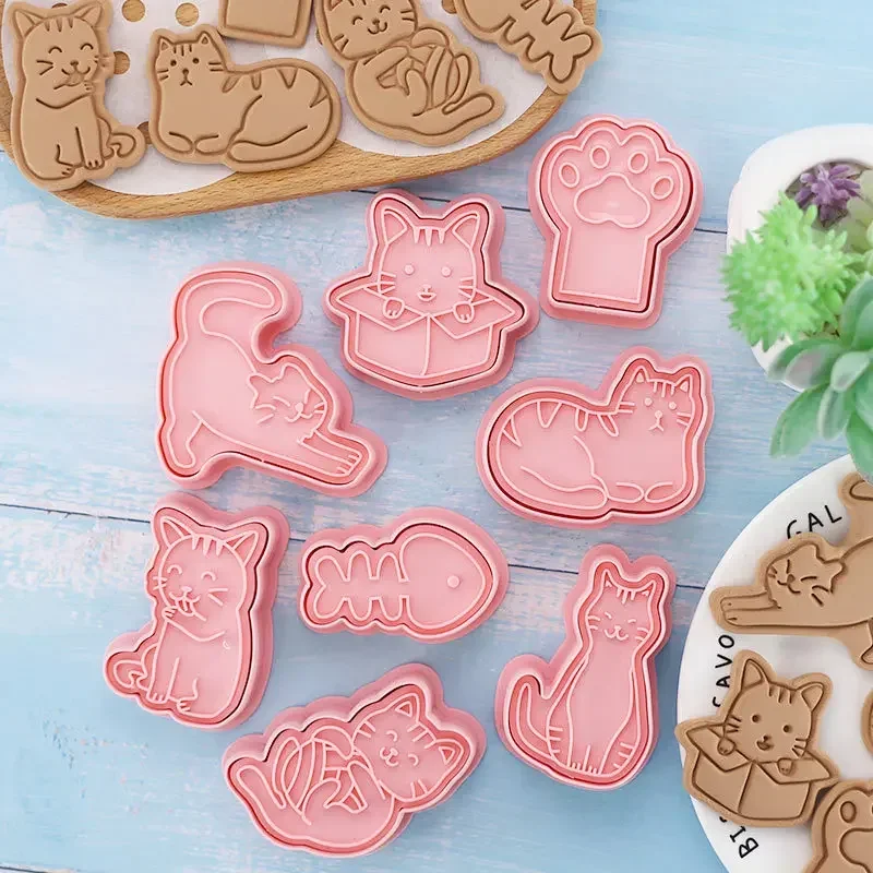 8pcs/set Cute Animal Cat Dog Cookie Mold Set Cartoon Claw Fish Bone Shape Biscuits Stamp Fondant Molds Cake Baking Tools