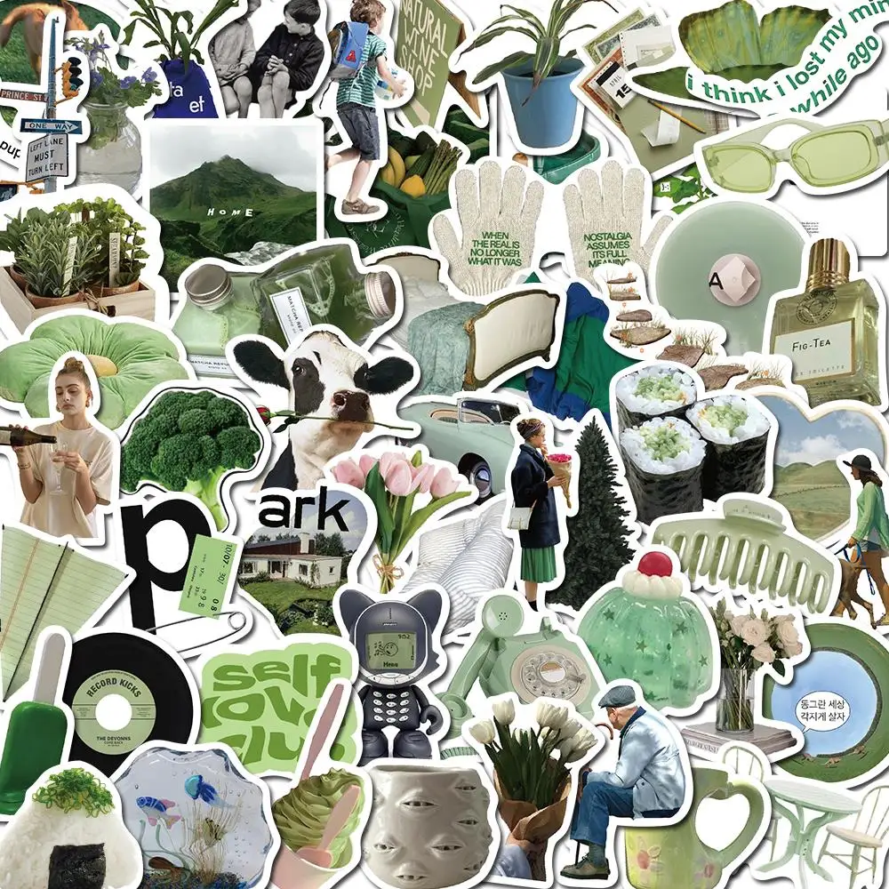 

10/62PCS INS Green Aesthetics Stickers Vintage For Decor DIY Kids Notebook Luggage Motorcycle Laptop Refrigerator Decal Toys