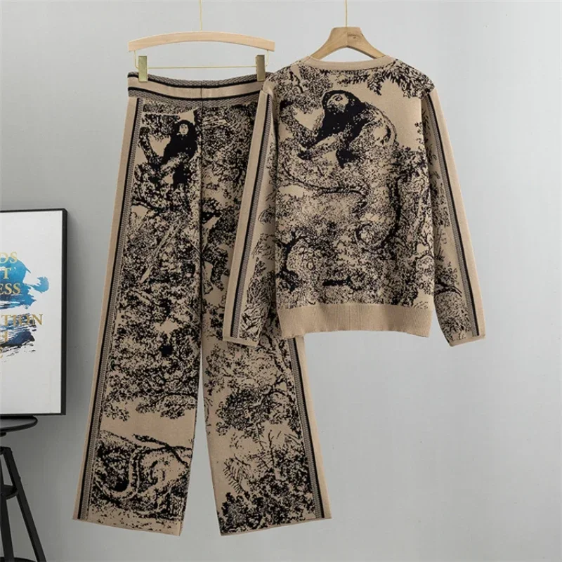 2024 New Autumn and Winter Tiger Print Knitted Suit Fashion Pullover Sweater Loose Wide-leg Pants Two Piece Sets Womens Outifits