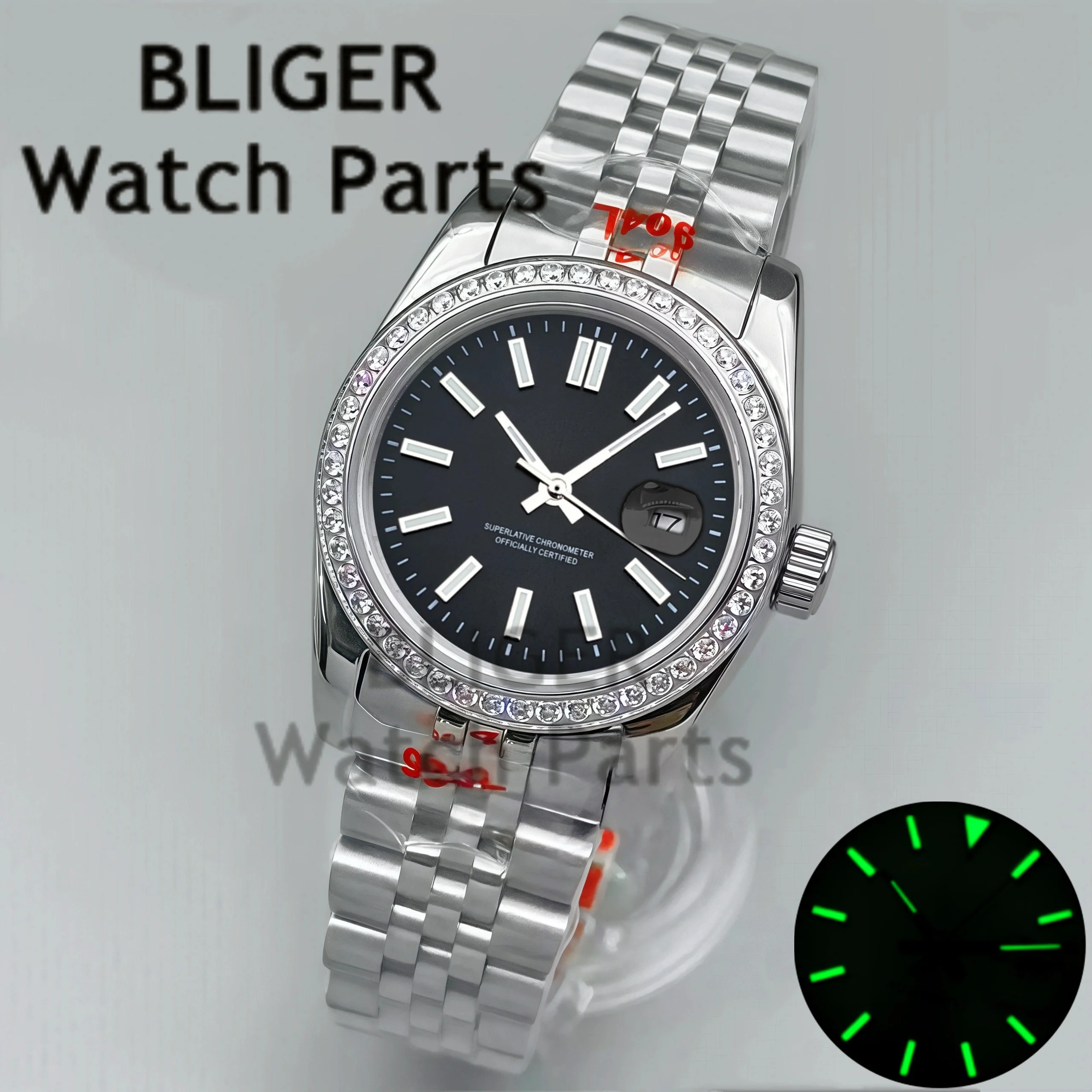 BLIGER 31 مللي متر خاتم غوص ميكانيكي للسيدات ساعة يد فضية وردية قرص فريتيلاري تخزين طاقة مقاوم للماء مع حركة NH05