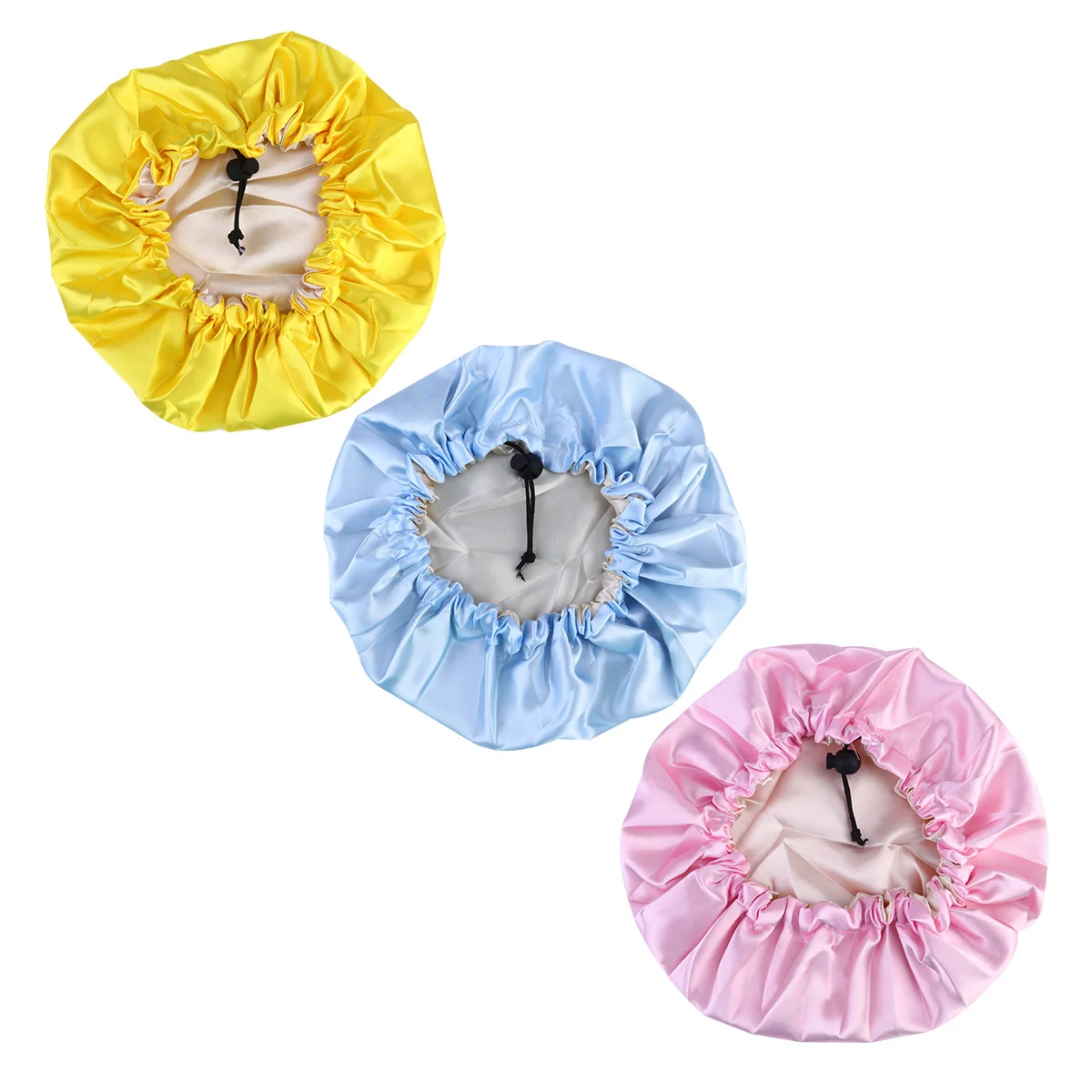 

3Pcs Children Sleep Caps Elastic Satin Adjustable for Kids Baby Hair Protection Bath Shower Use Yellow Sky Blue Pink