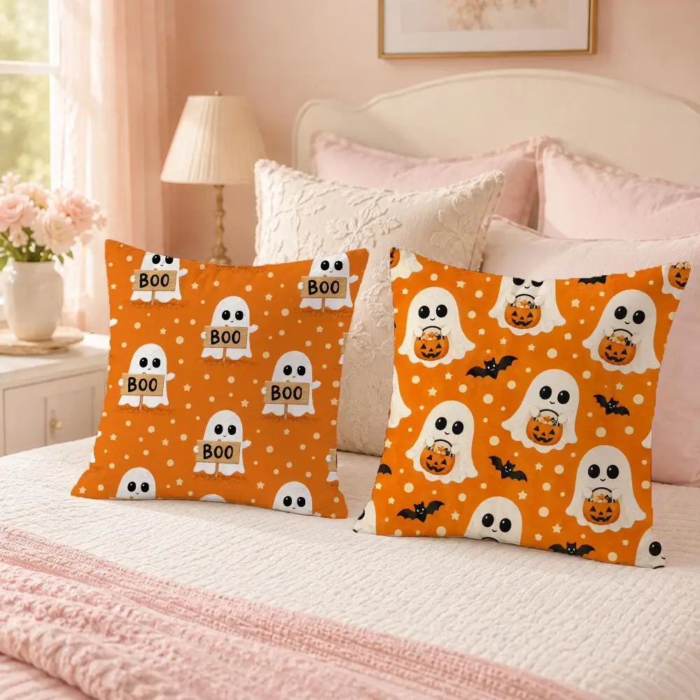 Cute Halloween Ghost Pumpkin Seamless Patterns Cushion Cover Custom Plush Pillow Cover Soft Cloud Comfort for Sofa Bed Couch