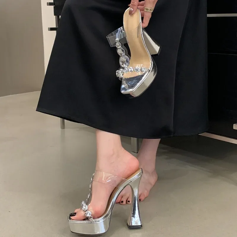 

Aneikeh Luxury Crystal Clear PVC Platform Mules Women Silver Chunky High Heels Rhinestone Party Clubwear Sandals