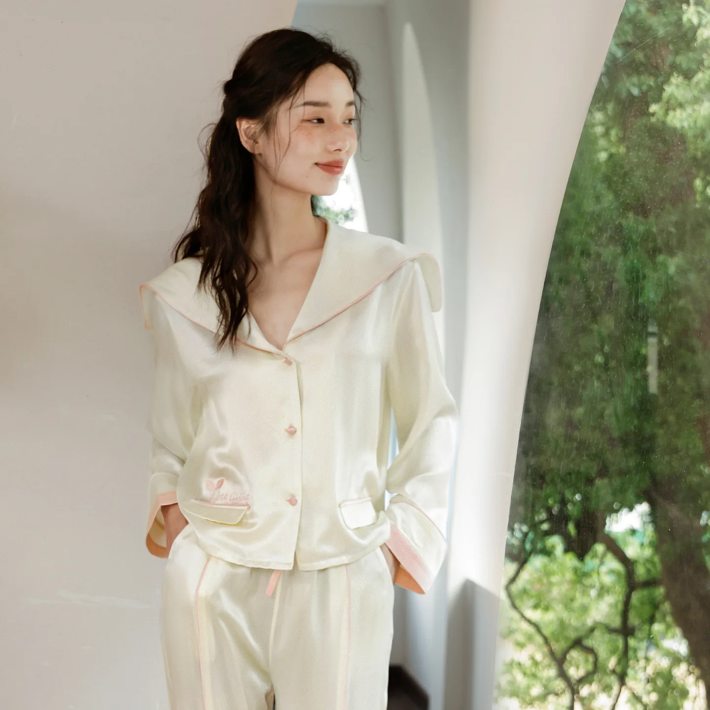 19MM 100% Mulberry Silk Pajama Set Women Sailor Collar Embroidery Long Sleeve Button Down 2 Piece Loungewear Sleepwear Outwear