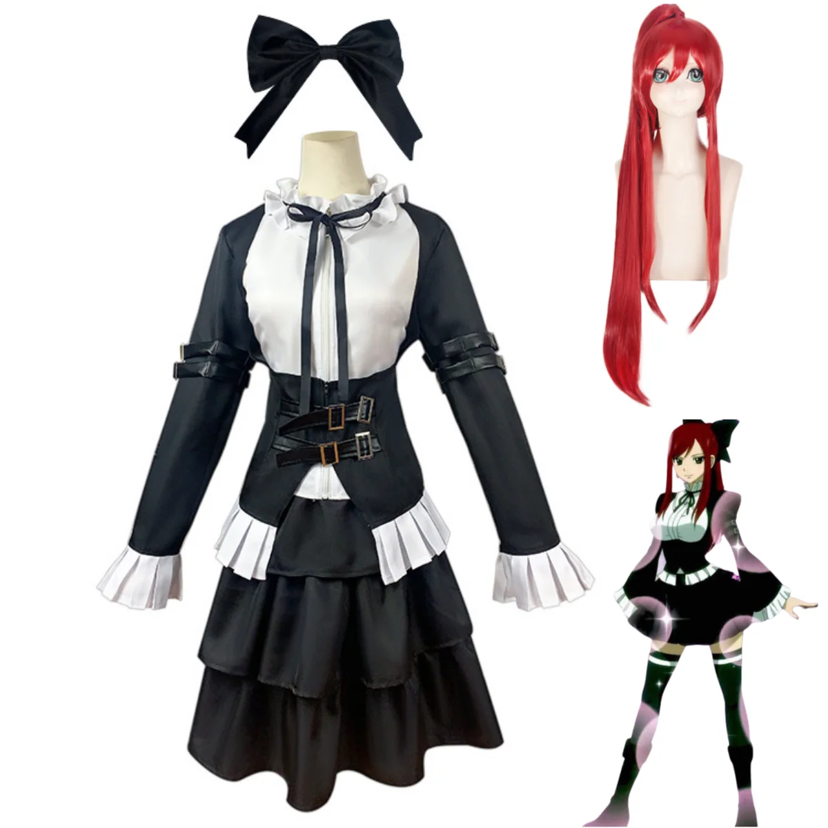 Disfraz de Anime FAIRY TAIL Erza Scarlet, disfraz de Slayers Goblin Queen, vestido de sirvienta negro, uniforme, peluca, traje de Carnaval Sexy para mujer