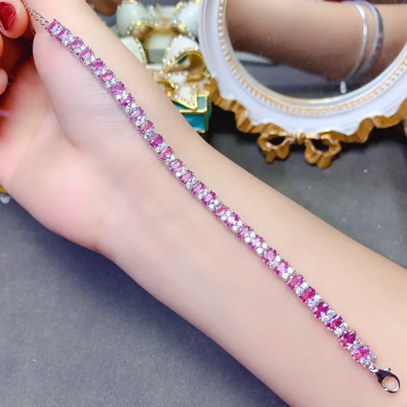 925 Sterling Silver Natural Pink Sapphire Bracelets Stone Bracelets Women's Boutique Wedding Luxury Jewelry Sapphire Wholesale