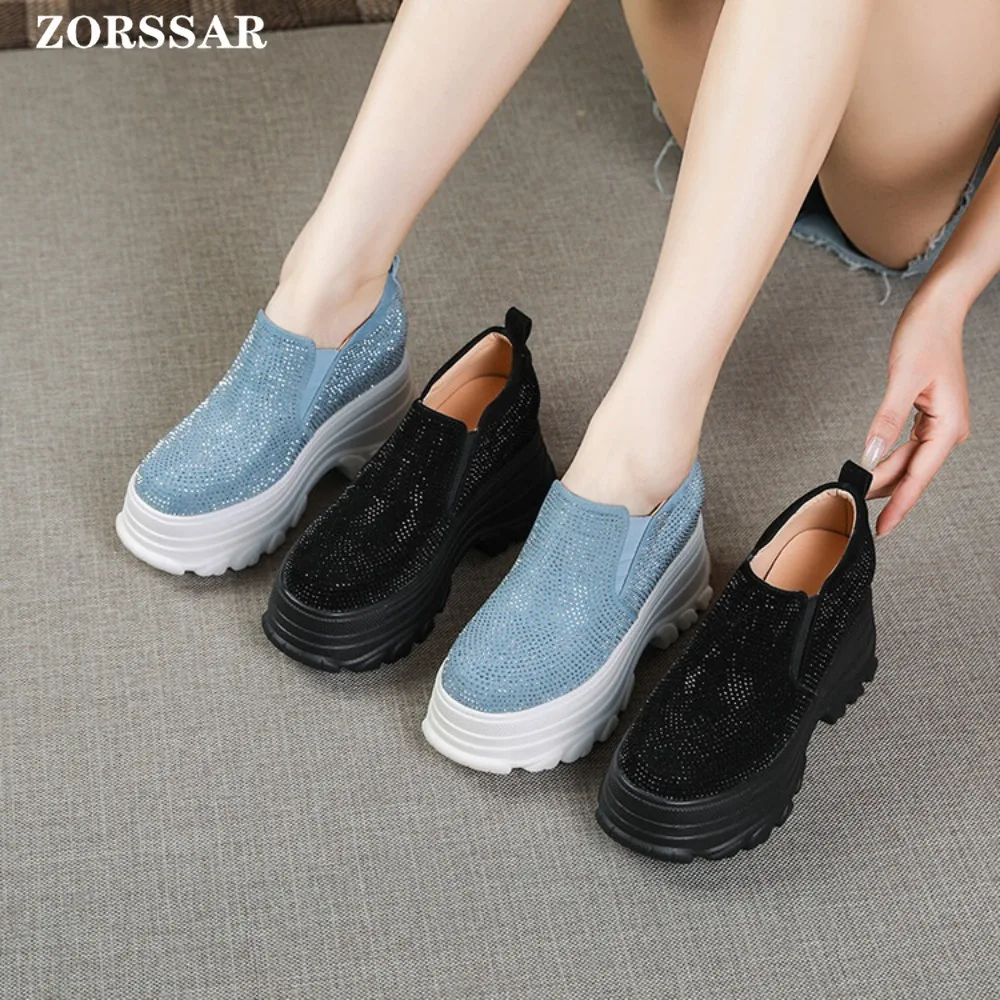 2024 New Spring Blue Crystal Hidden Wedge Heels Casual Shoes Woman Platform Sneakers Elevator High-heels Walking Sneakers Women