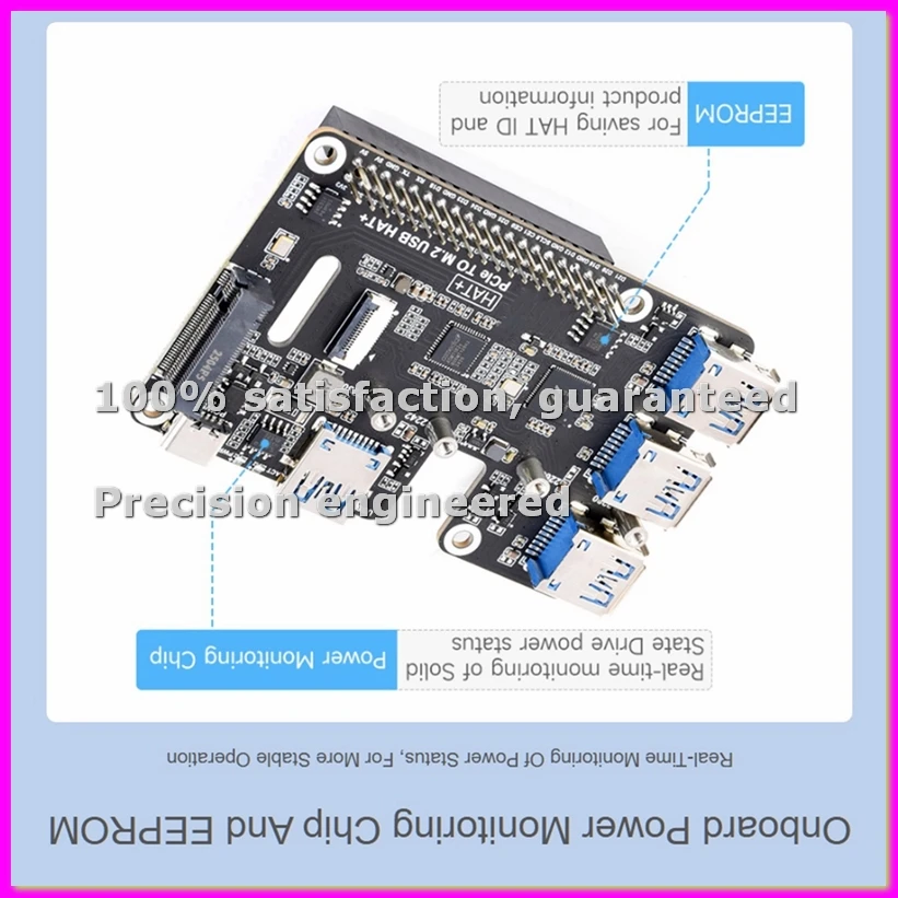 PCIe to USB 3.2 Gen1 and M.2 HAT for 5, Supports NVMe Protocol Solid State Drive, Expands 4-Ch USB 3.2 Port-ABVK