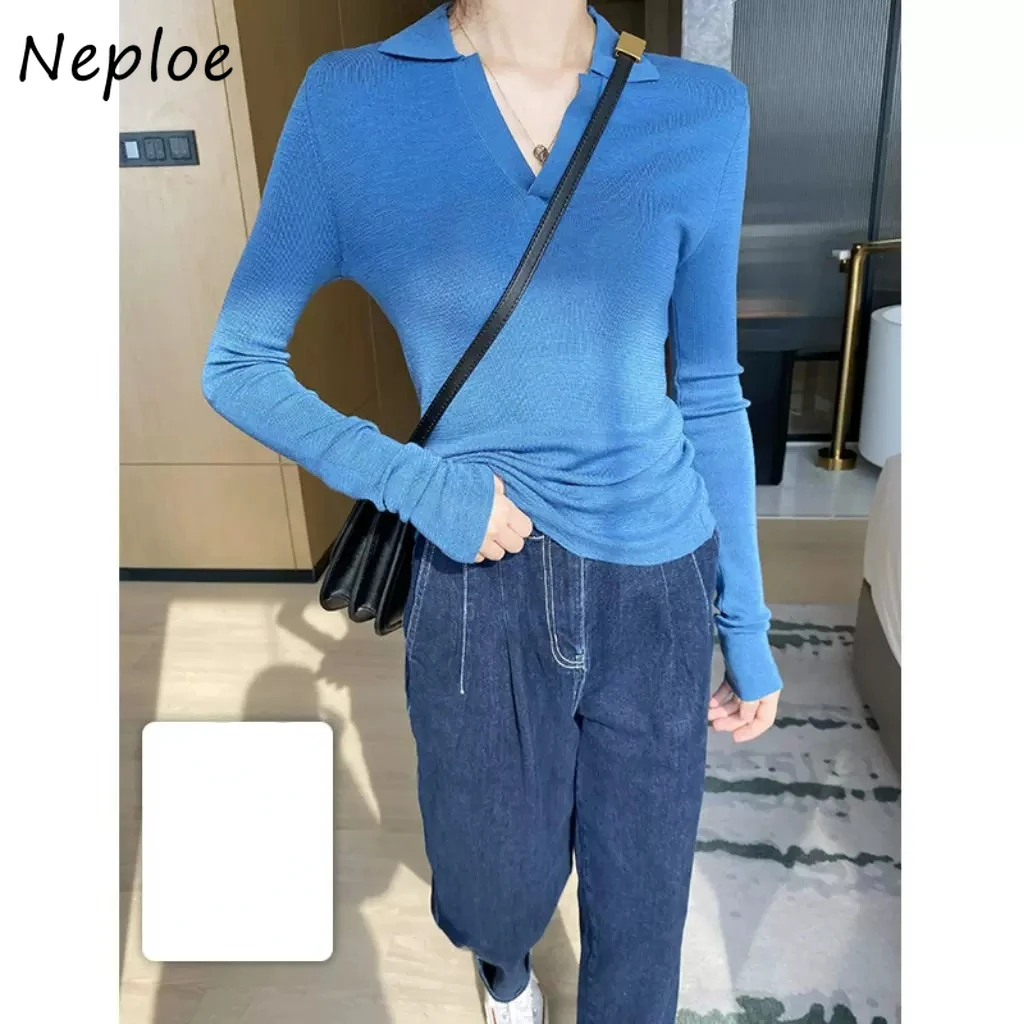 Neploe Turn Down Collar Solid Color Long Sleeve Knitted Design Sense Pull Femme Pullover Korean Trendy All-match Sweater Y2K