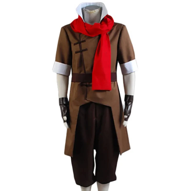 Disfraz de Cosplay de Mako de Avatar: La Leyenda de Aang, Chaqueta Marrón, Pantalón Negro, Bufanda Roja, para Halloween y Carnaval
