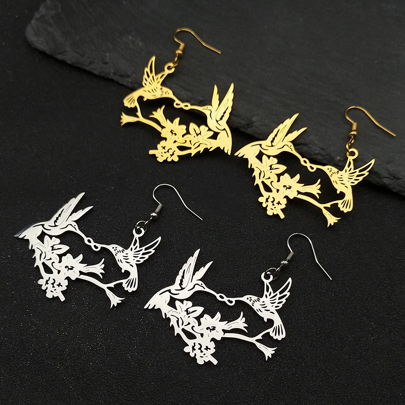 

Hummingbirds Kisssing Flower Dangle Earring for Women Men Stainless Steel Gold Silver Color Animal Lover Earrings Jewelry Gifts