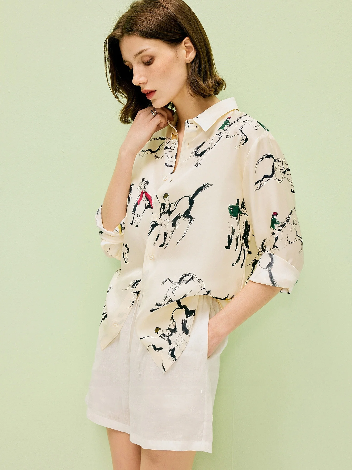 

Elegant Loose Success Vintage Print Silk Slim Long Sleeve Shirt Women's Straight Cut Spring Fashion Stylish Slim Fit Shirt