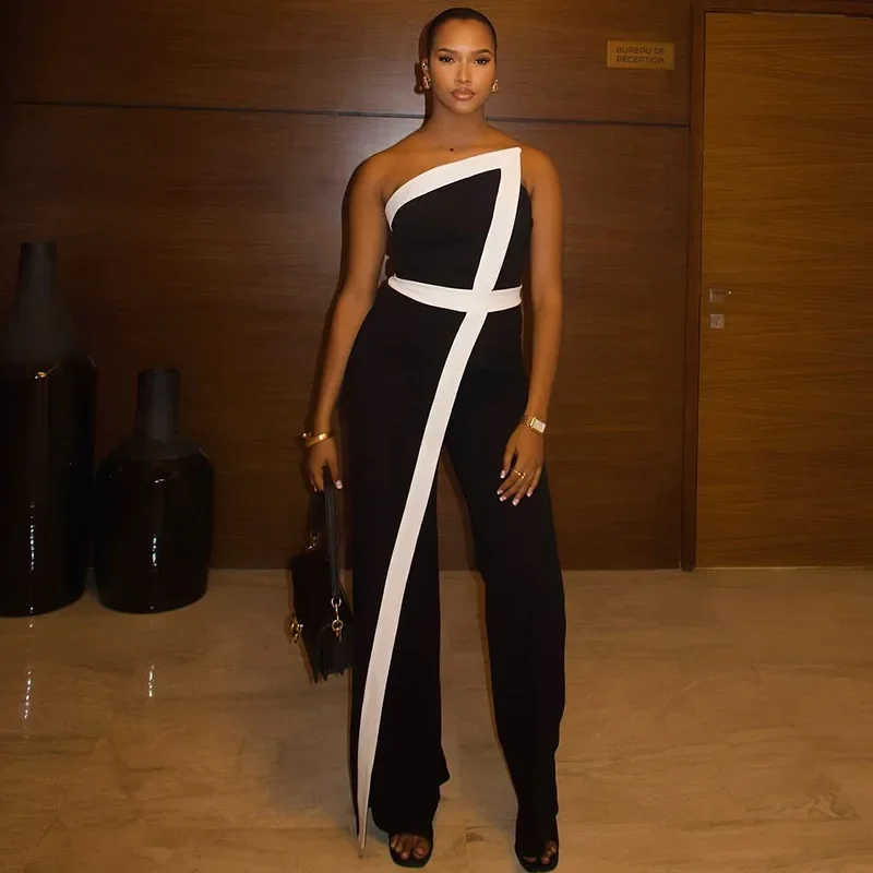 

Laxsesu Women's Casual Jumpsuit Black White Contrast Patchwork Jumpsuits Strapless Backless Women One Piece Overalls Streetwear