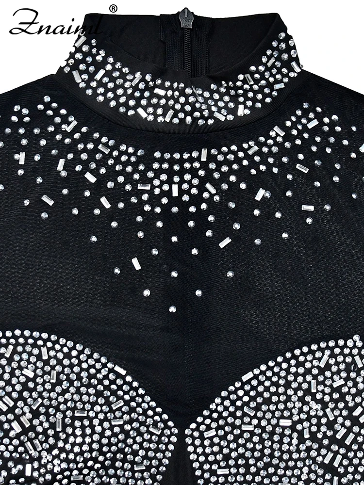 Znaiml Abito corto bianco patchwork in maglia trasparente di lusso per le donne Abiti da compleanno per night club con strass di cristallo scintillanti