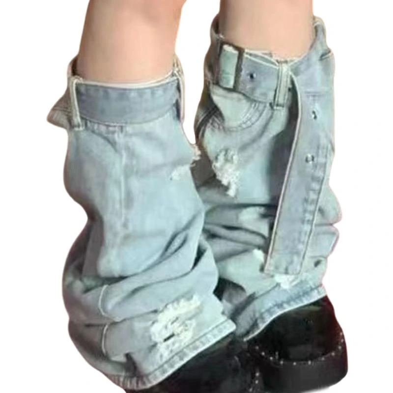 

Стираные джинсовые гетры для женщин, ремешок с пряжкой в ​​стиле панк, чехол для ног в стиле Харадзюку, носки с боковыми и чехлы