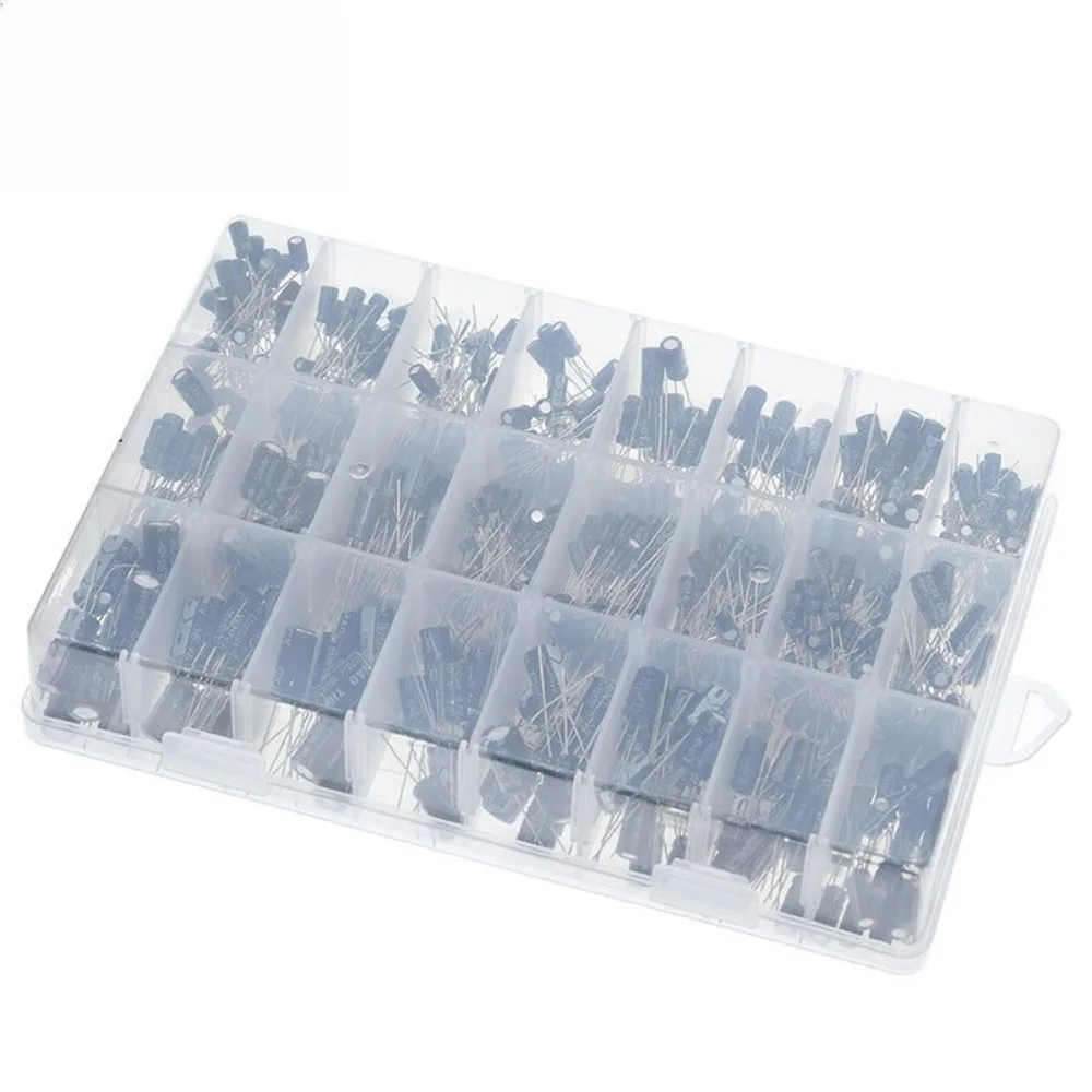Kit d'assortiment de condensateurs électrolytiques, 500 pièces, 24 valeurs, 0 1uF à 1000uF, condensateurs radiaux à large plage avec boîte de rangement pour Po