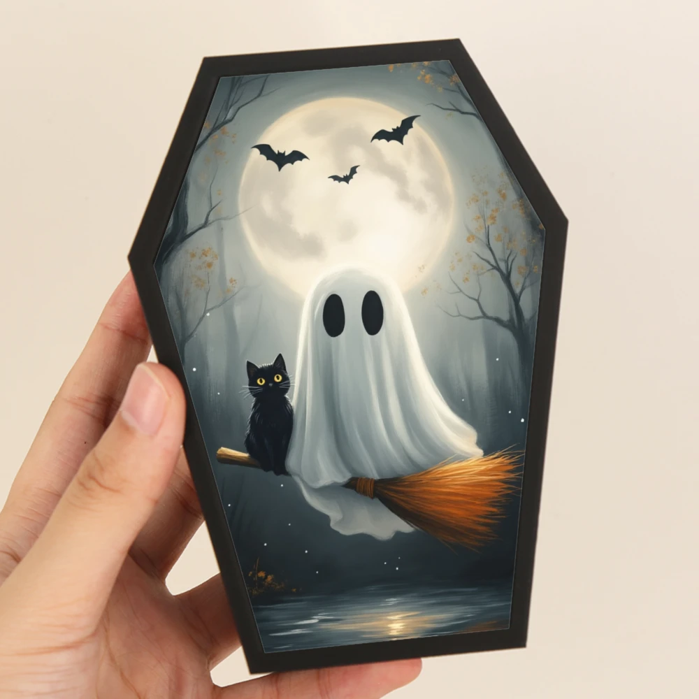 Cross-border Gothic Coffin Shaped Toothbrush Holder With Ghost Black Cat Full Moon Bat Print, Multi-grid Bathroom Vanity Toothpa
