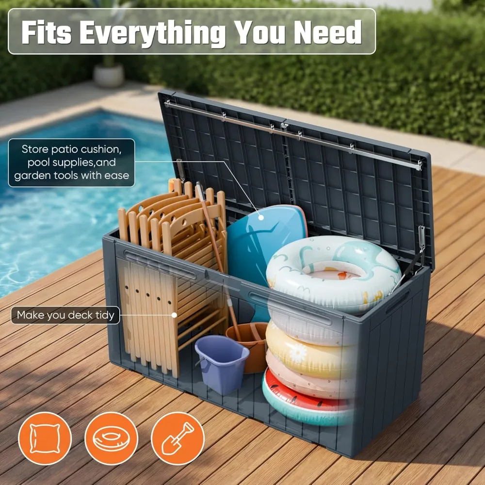 110 Gallon Outdoor Storage Box with Lockable Lid, All-Weather Waterproof Deck Box for Patio Furniture, Pool Supplies & Garden Tools, UV-Resistant, Gray view 3
