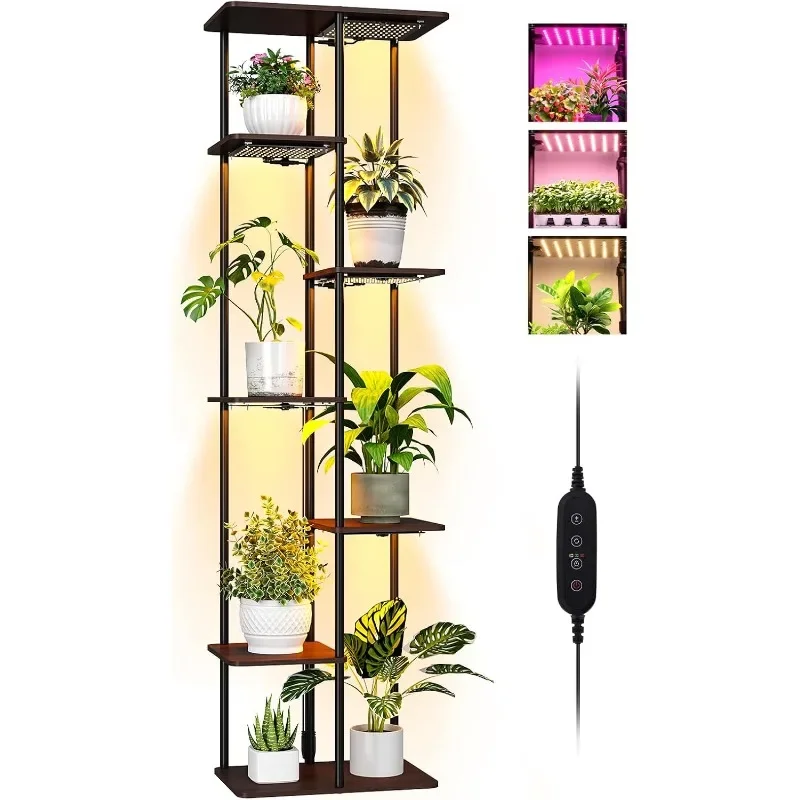 Houseplant Growth Light, 7-layer Corner Wooden Tall Growth Light Holder, Full Spectrum Adjustable 50W LED Growth Light Panel