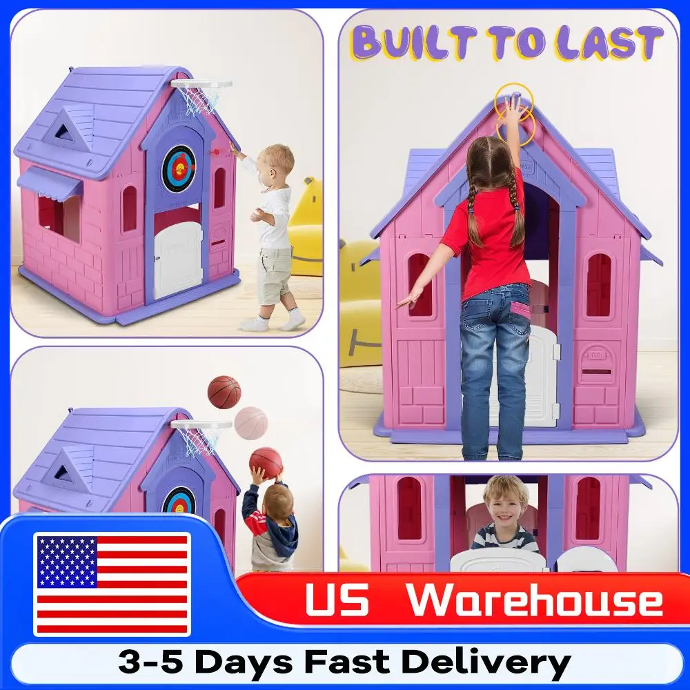 

Kids Playhouse with Basketball Hoop Dartboard Indoor/Outdoor Playset Plastic Playhouse for 2-5 Years