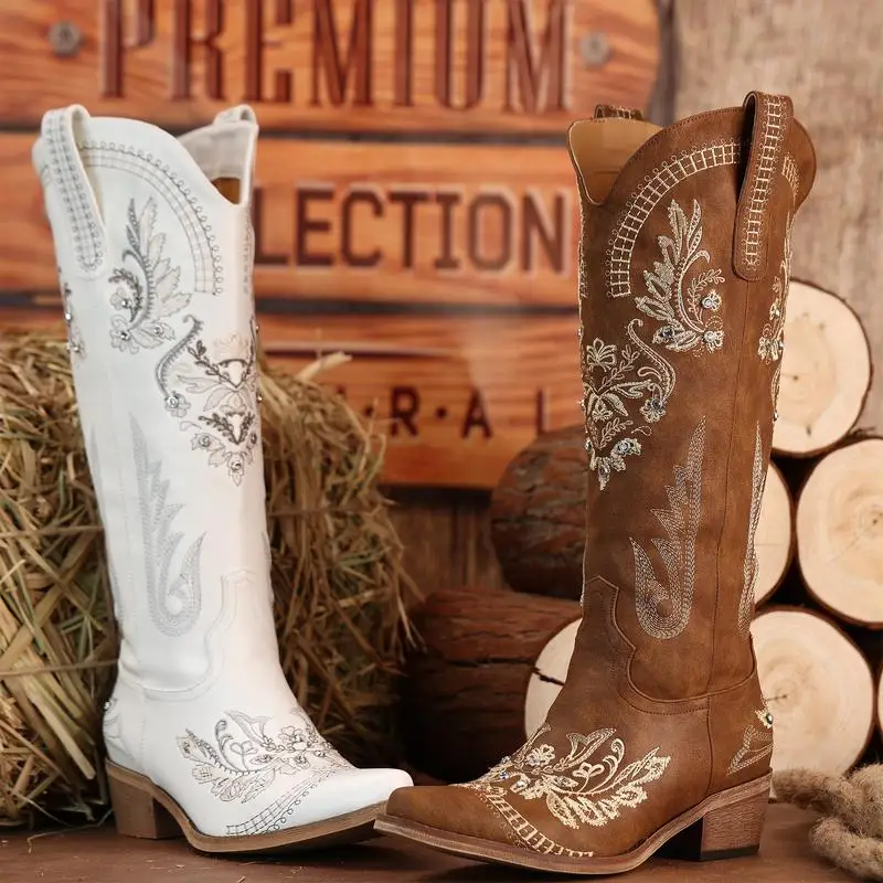 Pasuvo Cowboy Boots for Women -  Sparkly Rhinestone Western Boots with Classic Embroidery, Pointed Toe Pull On Zipper Retro Fash