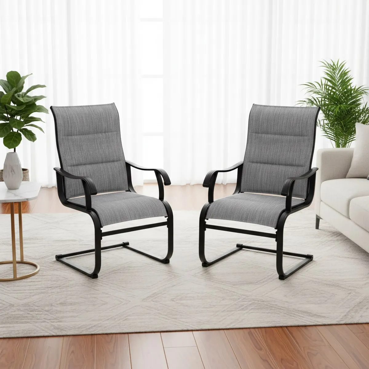 2 All Weather Outdoor Padded Textilene Dining Chairs Breathable High Back Spring Motion Grey