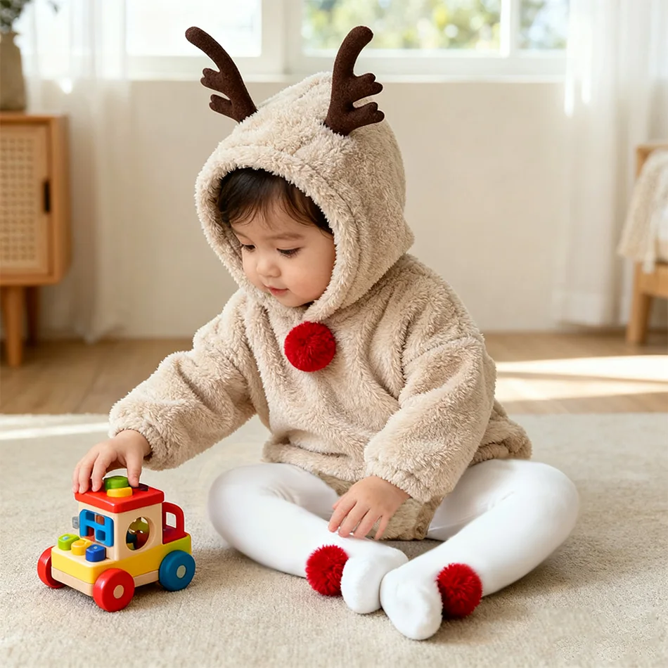 طفل الرنة رومبير عيد الميلاد بيجامة من الصوف شتاء دافئ أفخم بذلة للرضع بنين بنات لطيف الحيوان زي لعيد الميلاد