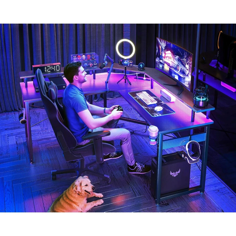 L Shaped Gaming Desk with LED Lights & Power Outlets, 51