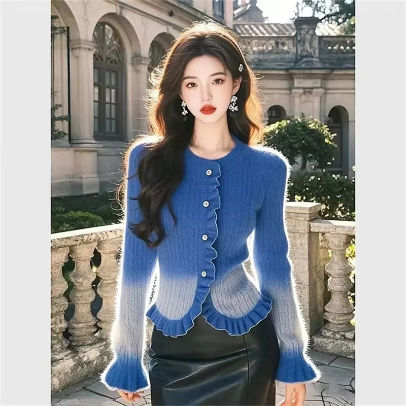 

Stylish Blue Gradient cardigan Sweater 2025 autumn Winter Trendy High End Lace Sweater Versatile Slimming And Age Reducing Top