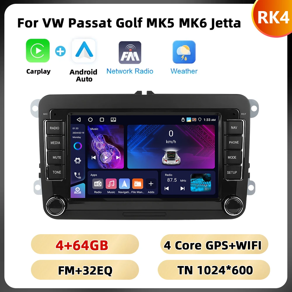 Podofo 7 '8 + 128G Autoradio Voor Vw/Passat/Touran/Golf/Polo Multimediaspeler 8Core Carplay Android Auto Gps Navigatie Wifi 4G