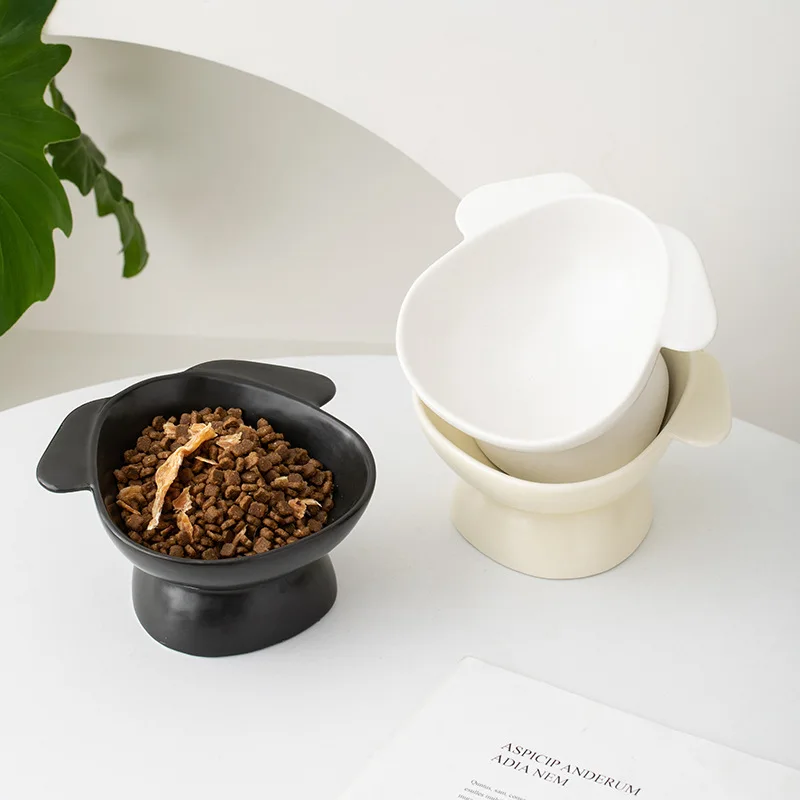 Ear Shaped Elevated Tilted Ceramic Pet Bowl, Anti Spill Neck Protect Cat Dog Feeder Water Bowl Aesthetic Pet Supply