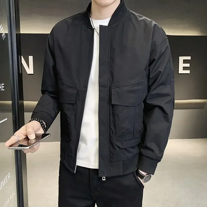 Advanced New Casual Baseball Jackets Men Solid Baseball Neck Patchwork Zipper Pocket Korean Long Sleeved Windbreak Coats XT352