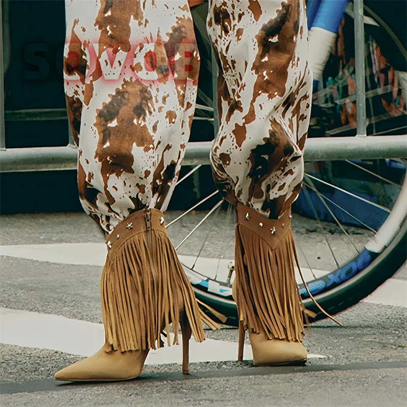 

2026 Winter Tassel Ankle Boots Pointed Toe Thin Heel Booties Catwalk Model Boots Rivet Decor Side Zipper Cowboy Boots 35-43